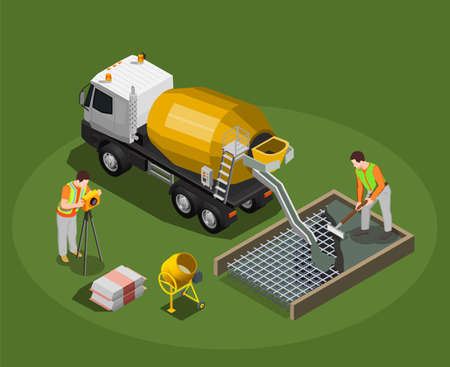 Concrete production isometric composition with mixing drum and cement mixer machine with human characters of workers vector illustrationのイラスト素材