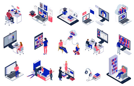 Students studying online using electronic library icons set isolated on white background 3d vector illustrationのイラスト素材