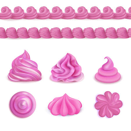 Whipped pink cream dessert decorations top side views realistic set with seamless border and swirls vector illustrationのイラスト素材