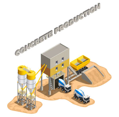 Concrete production isometric composition with editable text and factory buildings cement mixing plant facilities with conveyors vector illustrationのイラスト素材