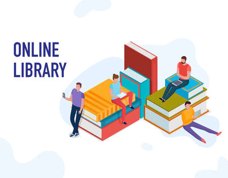 People reading books and using online library 3d isometric vector illustrationのイラスト素材