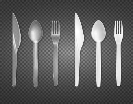 Disposable cutlery from clear and white plastic top view realistic tableware set transparent background isolated vector illustrationのイラスト素材