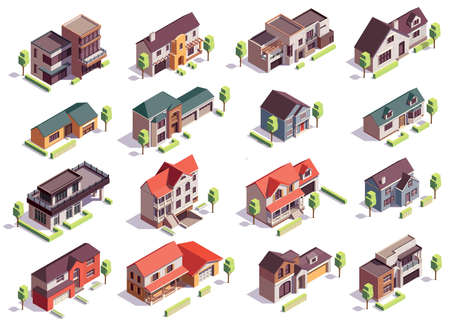 Suburbian buildings isometric composition with sixteen isolated images of modern residential houses with garages and trees vector illustrationのイラスト素材