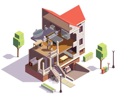 Suburbian buildings isometric composition with profile view of villa residential building with overview of living rooms vector illustrationのイラスト素材