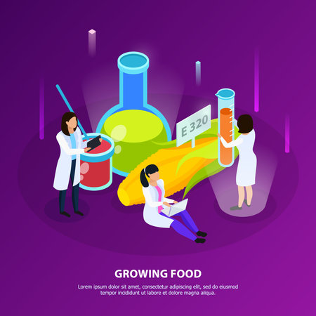 Artificial nutrition products isometric composition with scientists during growing of food on purple background vector illustrationのイラスト素材