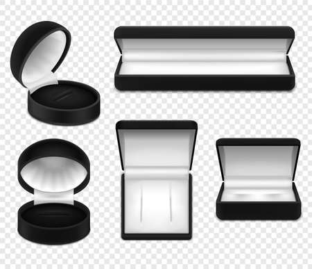 Set of realistic open empty black jewelry boxes on transparent background isolated vector illustrationのイラスト素材