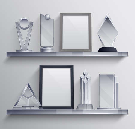 Trophies shelves realistic set with competition winner pedestal symbols vector illustrationのイラスト素材
