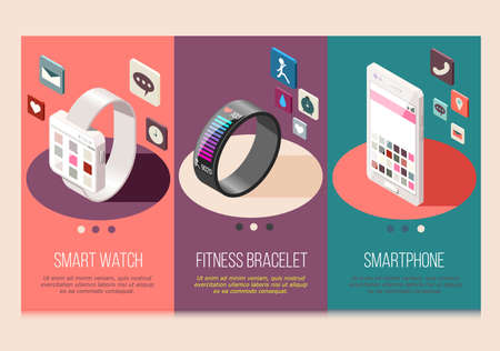Portable electronics smart phone and watch fitness bracelet set of isometric compositions isolated vector illustrationのイラスト素材