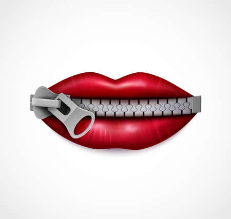Zipped mouth closeup realistic symbolic image of red glossy lips sealed with metal zip fastener vector illustrationのイラスト素材