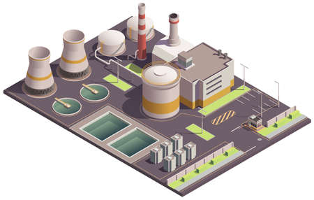 Industrial buildings isometric composition with plant site landmark and factory facilities with pools and parking lot vector illustrationのイラスト素材