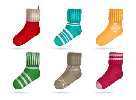 Winter knitted bright colored socks realistic set isolated vector illustrationのイラスト素材