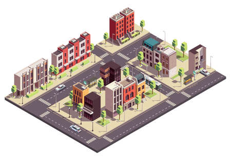 Townhouse buildings isometric composition with urban landscape and streets with city blocks living houses and cars vector illustrationのイラスト素材