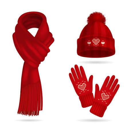 Winter red knitwear realistic set with hat and gloves isolated vector illustrationのイラスト素材