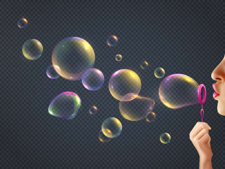 Girl blowing soap bubbles with rainbow reflection on transparent background realistic vector illustrationのイラスト素材