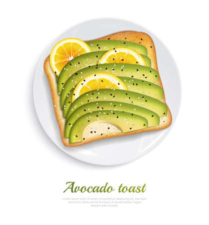 Fresh toasted bread with slices of ripe avocado and lemon on white plate realistic design concept vector illustrationのイラスト素材