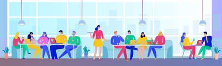 People eating pizza in bistro flat horizontal vector illustrationのイラスト素材