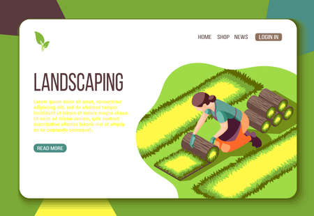 Landscaping isometric web landing page with laying lawn and interface elements vector illustrationのイラスト素材