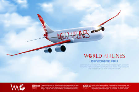Tours around world advertising poster with traveling passenger airplane on cloudy blue sky background realistic vector illustrationのイラスト素材