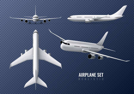 Passenger airplane realistic set on transparent background with airliners in different point of view isolated vector illustrationのイラスト素材