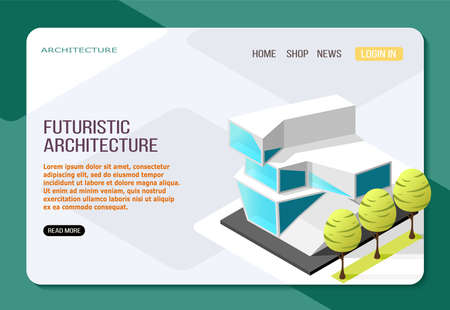Futuristic architecture building from glass and concrete isometric landing web page on light background vector illustrationのイラスト素材