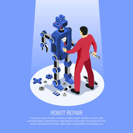 Mechanic in red uniform with professional tools during robot repair on blue background isometric vector illustrationのイラスト素材
