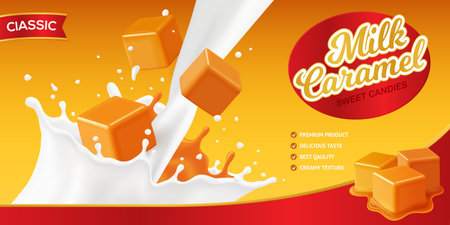 Realistic caramel poster composition with editable brand name and images of milk splashes and candy cubes vector illustrationのイラスト素材