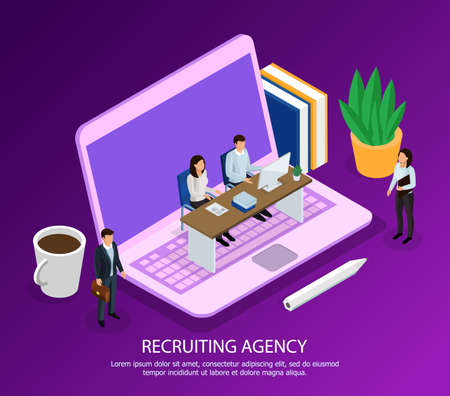 Staff of recruiting agency with computer and candidates for employment isometric composition on purple background vector illustrationのイラスト素材