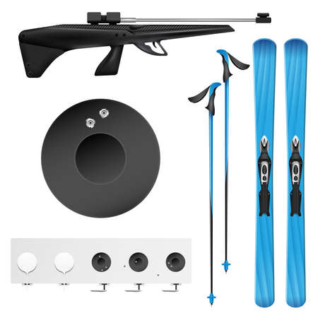 Isolated and colored realistic biathlon icon set with tools and equipment of biathlonist vector illustrationのイラスト素材