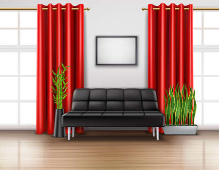Realistic room interior with luxury red curtains on french windows leather black sofa light floor vector illustrationのイラスト素材