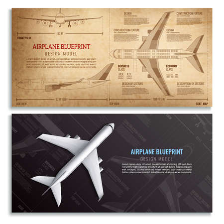 Airplane blueprint two horizontal banners with dimensioned drawing of passenger aircraft realistic vector illustrationのイラスト素材