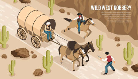 Cowboys in wagon and on horseback during wild west robbery at prairie isometric horizontal vector illustrationのイラスト素材