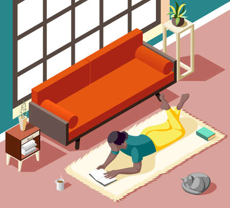Young woman during reading lying on carpet with cat at home in weekend isometric vector illustrationのイラスト素材