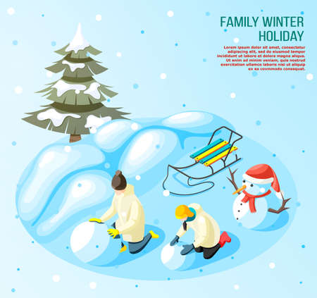 Kids during game in snow ball outdoors in winter holidays isometric composition on blue background vector illustrationのイラスト素材