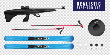 Colored realistic biathlon transparent horizontal icon set with ski gun and target vector illustrationのイラスト素材