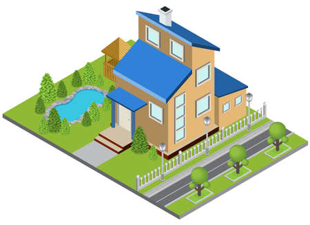Suburbia building concept with town house swimming pool isometric vector illustrationのイラスト素材