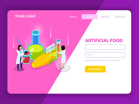 Artificial food with synthetic additives isometric web page with user account on white pink background vector illustrationのイラスト素材