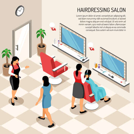 Hair dressing salon in beige color with stylists clients professional equipment and interior objects  isometric vector illustrationのイラスト素材