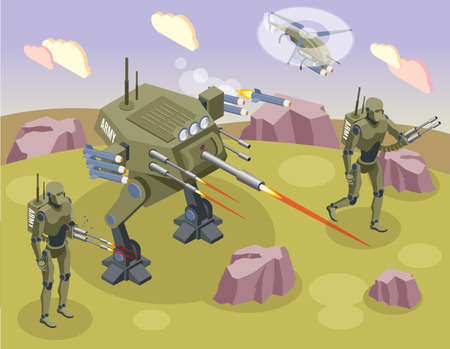 Military robots isometric background with fighting soldiers and androids on battlefield vector...