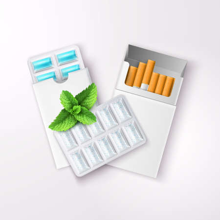 Realistic chewing gum in blister packaging and open pack of cigarettes with peppermint leaves vector illustrationのイラスト素材