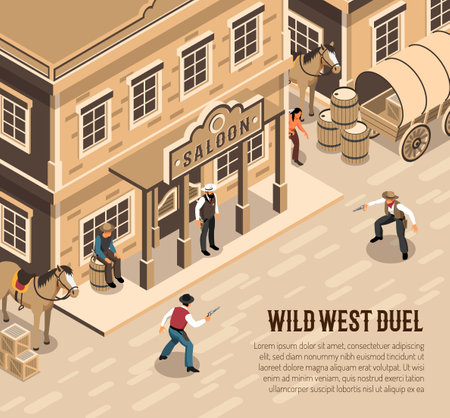 Wild west cowboys with pistols during duel sheriff near entrance of saloon isometric vector illustrationのイラスト素材
