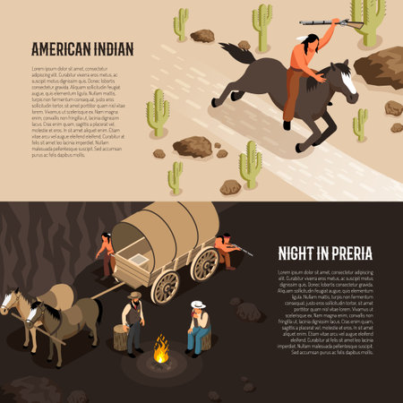 Wild west isometric banners with american indian on horseback and cowboys near camp fire isolated vector illustrationのイラスト素材
