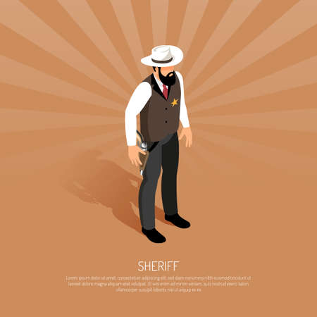 Wild west sheriff with gold badge on chest and gun in holster brown background isometric vector illustrationのイラスト素材