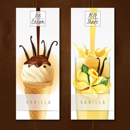 Vanilla flavored desserts 2 appetizing vertical realistic banners with ice cream and milk shake isolated vector illustrationのイラスト素材