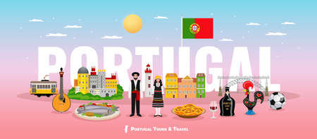 Portugal tourism concept with cuisine people and sights symbols flat vector illustrationのイラスト素材