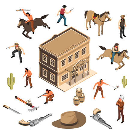 Wild west cowboys and native americans with weapon sheriff building of saloon isometric set isolated vector illustrationのイラスト素材