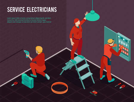 Electricians home office construction renovation maintenance service isometric composition with workmen team installing switch board vector illustrationのイラスト素材