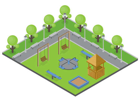 Suburbia park concept with trees benches and playground isometric vector illustrationのイラスト素材