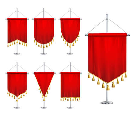 Satin red various shapes pennants with golden tassel fringe on steel spire pedestal realistic set vector illustrationのイラスト素材
