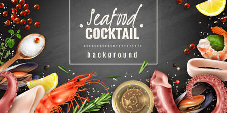 Seafood cocktail mix realistic chalkboard background poster with shrimps mussels squid octopus tentacles sea salt vector illustrationのイラスト素材