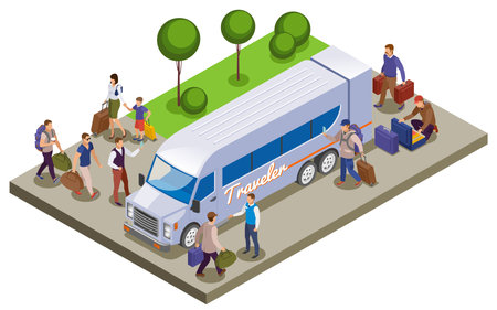 Travel people isometric composition with passengers meeting on tourist bus station for traveling vector illustrationのイラスト素材